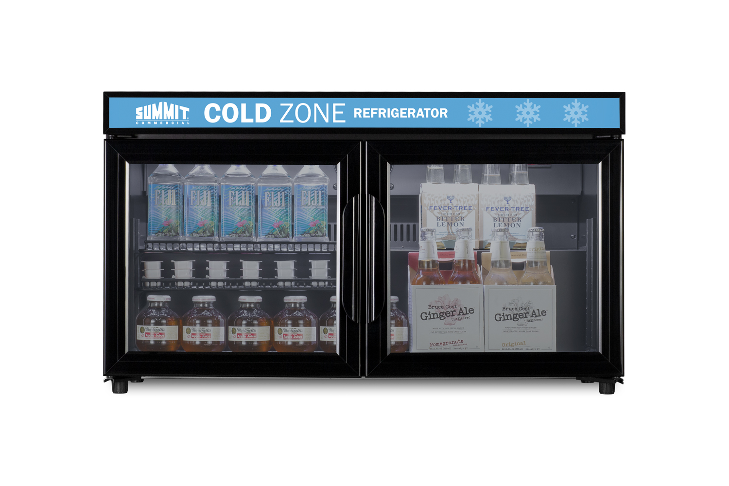 Countertop, shallow depth single-zone commercial refrigerator for freestanding use with French glass doors, black cabinet, digital controls, and LED lighting